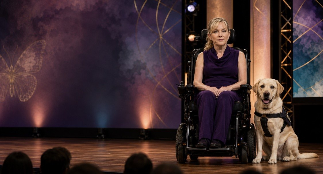 AmiLynne “Babs” Carroll on stage with her service dog — creator of LifeCharter and your Alignment Architect.