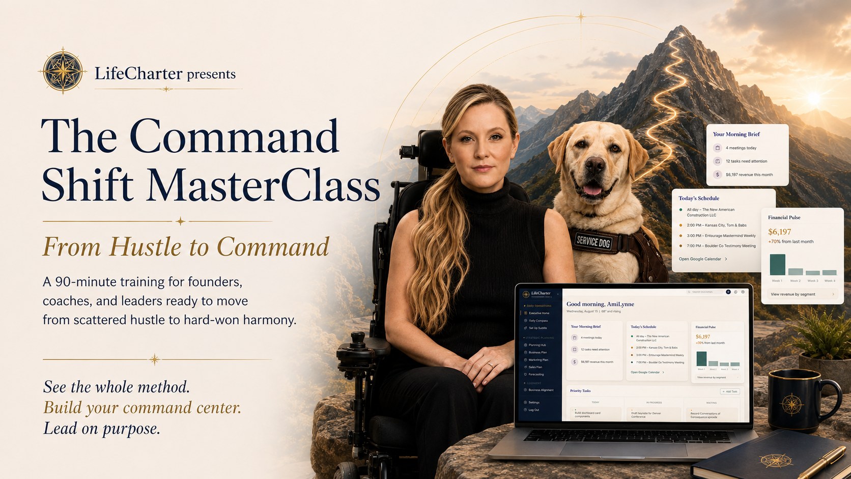 The Command Shift MasterClass — From Hustle to Command. A 90-minute training for founders, coaches, and leaders ready to move from a scattered hustle to hard-won harmony. See the whole method. Build your command center. Lead on purpose.